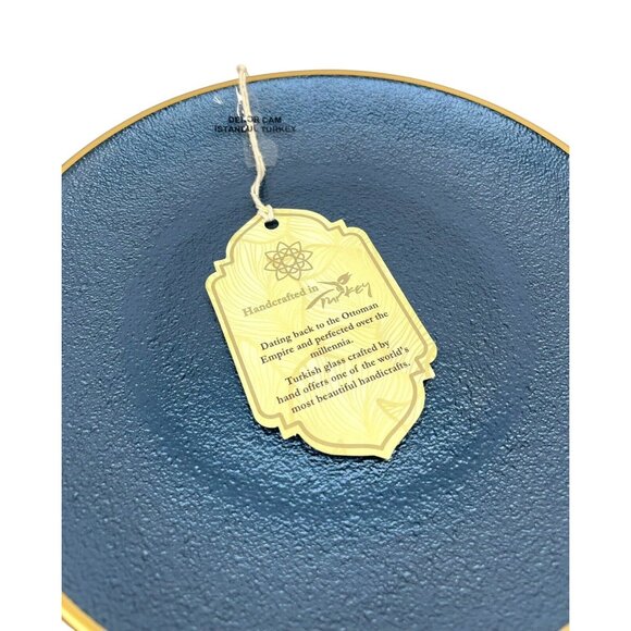 Turkish Glass 4 Salad Dessert Plates Set Blue Texture Gold Rim 8.25" NWT - Picture 9 of 11